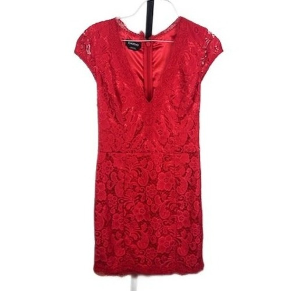Bebe Women's Size 4 Red Lace Cap Sleeve‎ Sheath Dress V-Neck Zipper Front Y2K